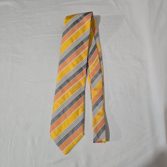 Dolcepunta Made in Italy Silk Necktie - Yellow Orange Gray Stripe - 3 3/4" x 59" - Picture 2 of 5